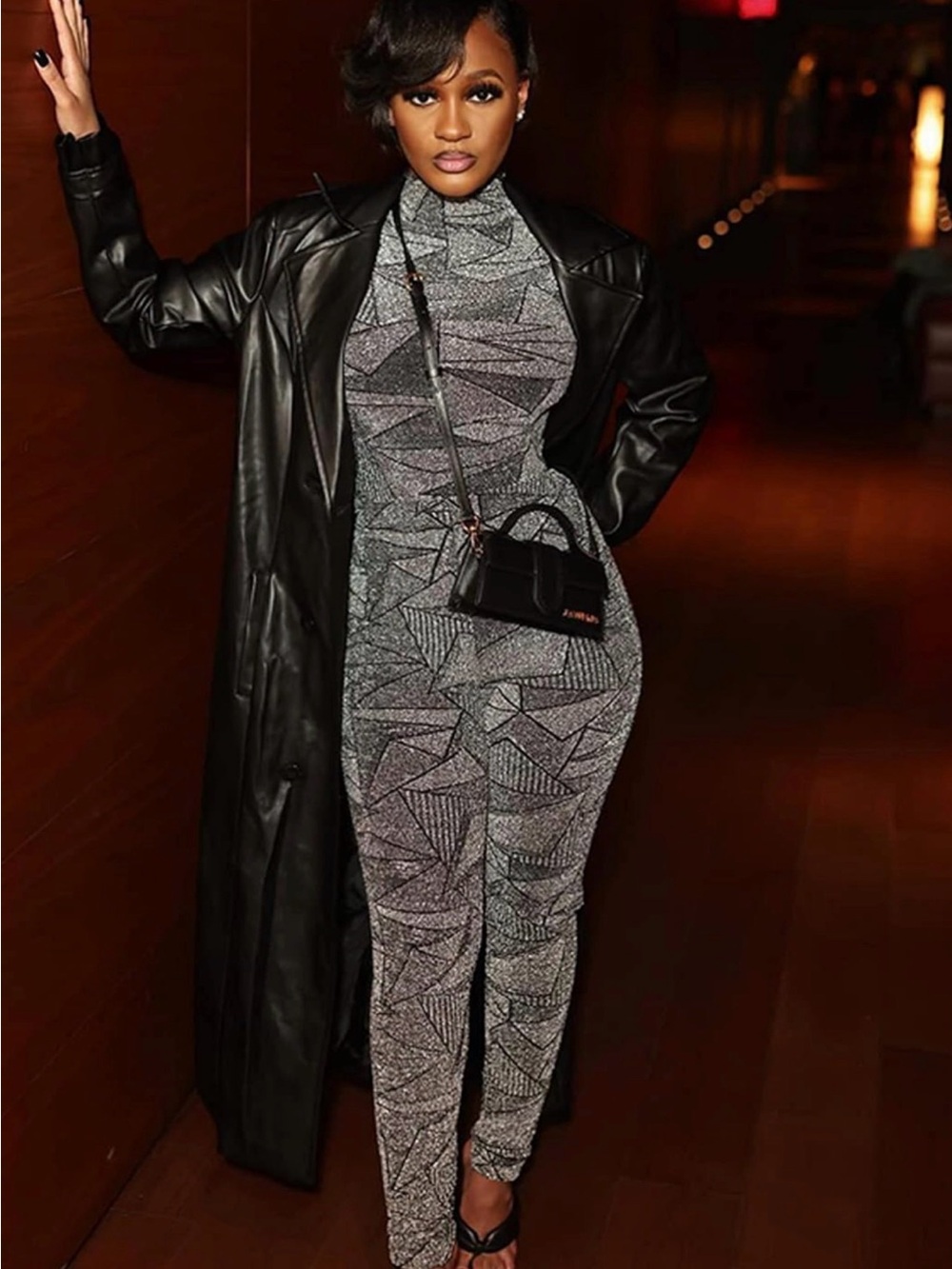 Source Unknown Gray Geometric Turtleneck Jumpsuit